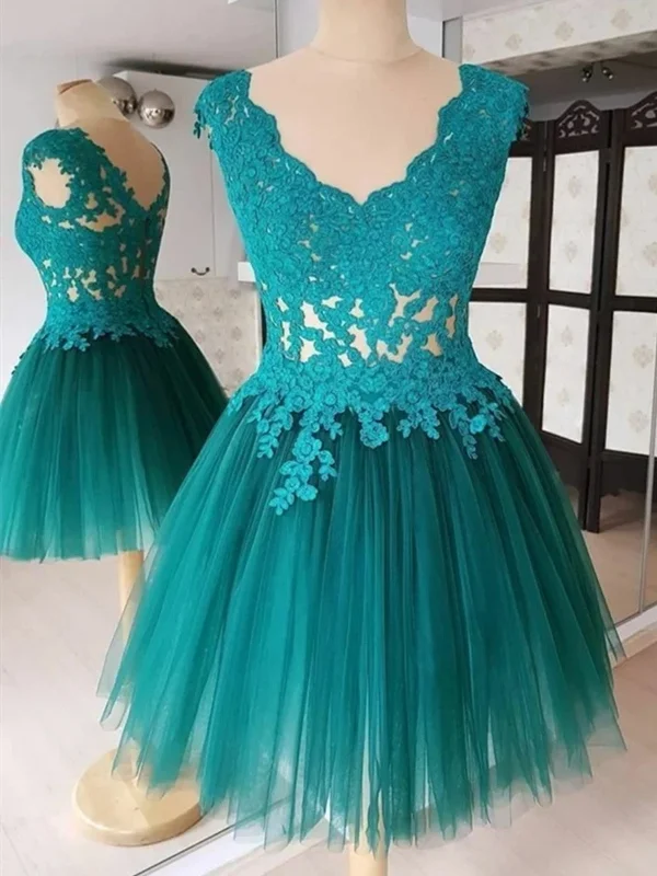 A Line V Neck Short Green-Blue Lace Prom Dresses, Short Lace Formal Evening Graduation Dresses Tunics Plaid country