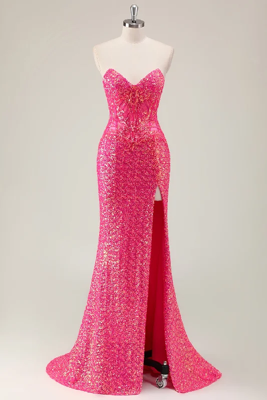 Sparkly Fuchsia Mermaid Strapless Long Prom Dress with Slit Tunics Modern contemporary Sparkly Fuchsia Mermaid Strapless Long Prom Dress with Slit Tunics Modern contemporary