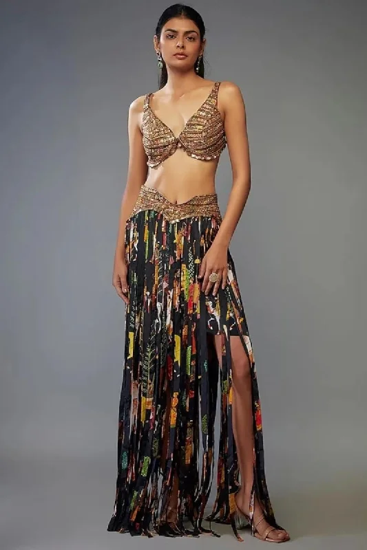 Black Crepe Printed Fringe Skirt Set tiered skirt playful