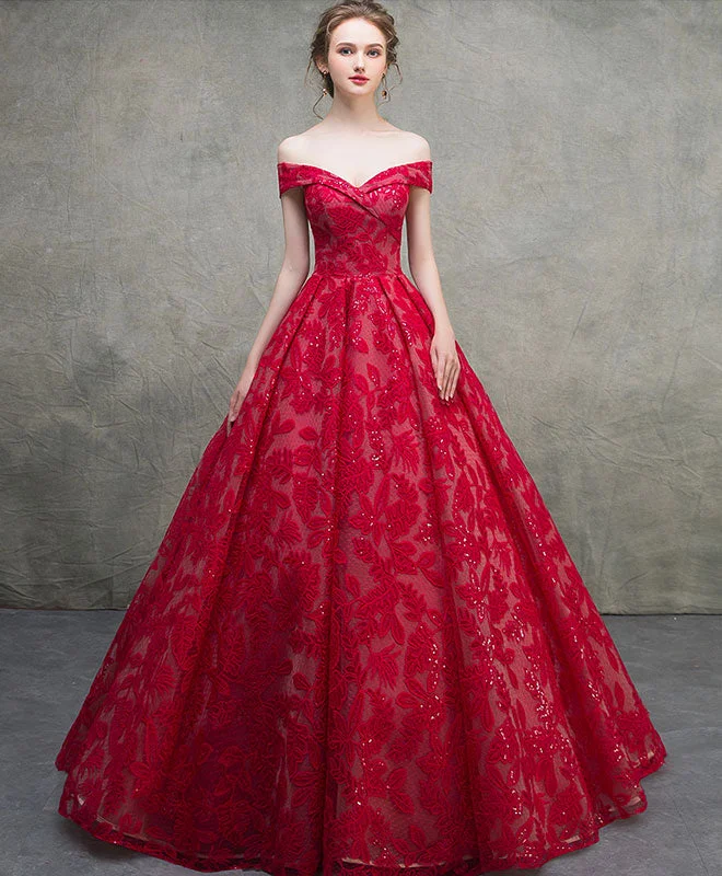 Red Off Shoulder Lace Long Prom Dress, Red Lace Long Evening Dress Tunics Chic fashionable Red Off Shoulder Lace Long Prom Dress, Red Lace Long Evening Dress Tunics Chic fashionable