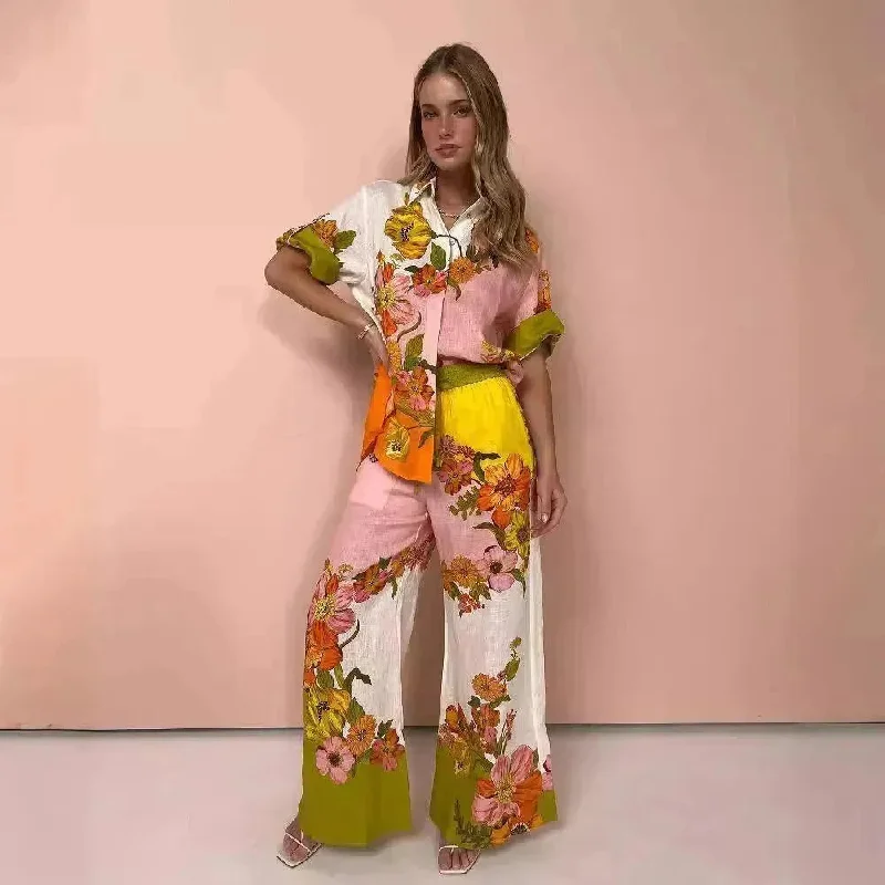 Printed Cotton And Linen Two-piece Suit Outfit Top Wide-leg Pants Classic Stretch Pants