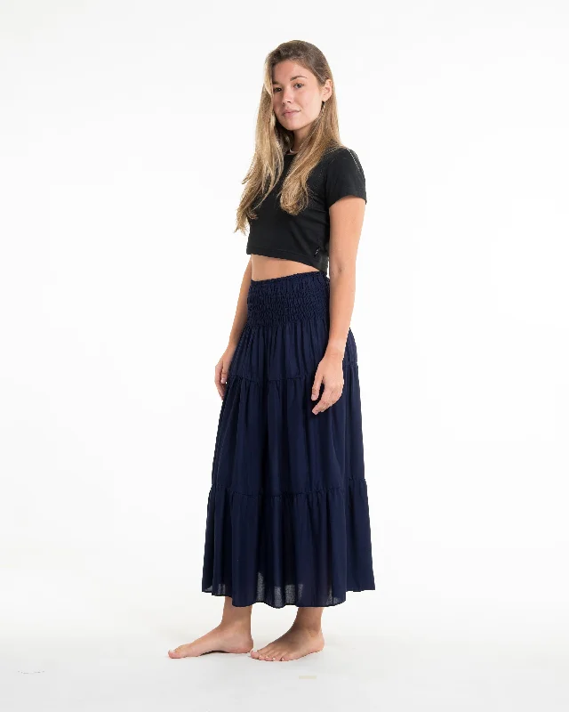 Solid Color Midi Skirt in Blue flowy skirt hem
