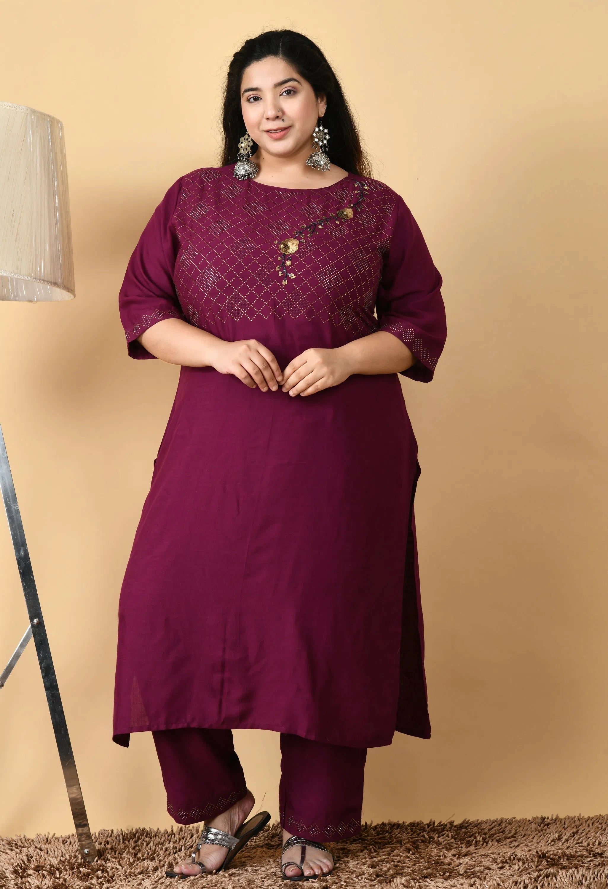 Plus Size Designer Wine Kurta Pant Set Wide-Legged Palazzos