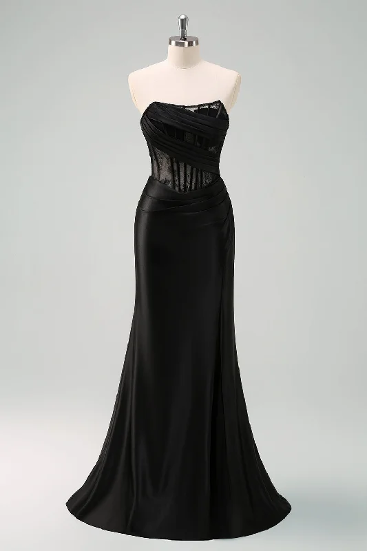 Black Strapless Mermaid Ruched Corset Long Prom Dress Boatneck Modish Everyday