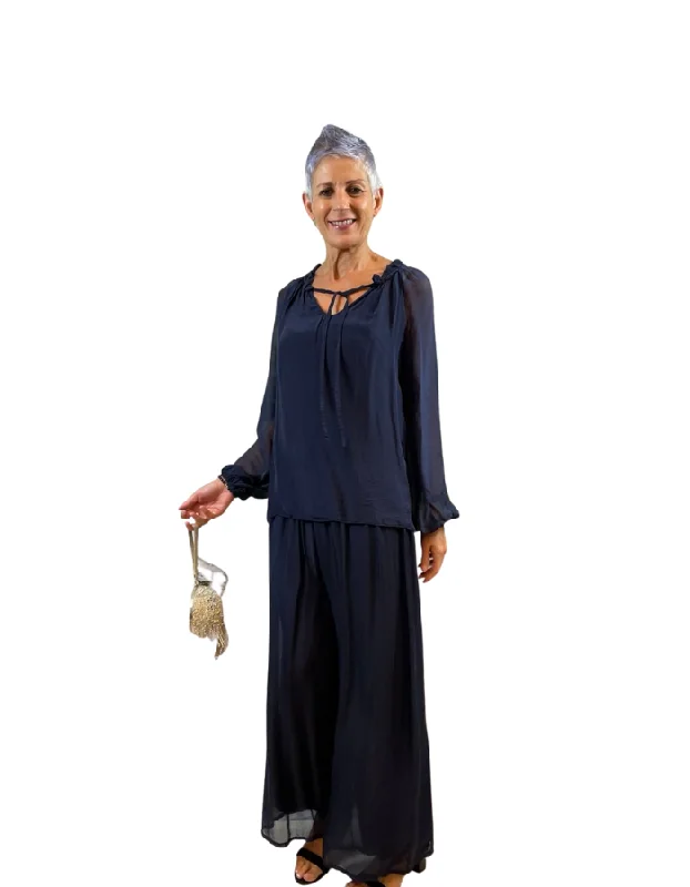 La Strada Silk Pants Navy Comfortable Jogger Trousers