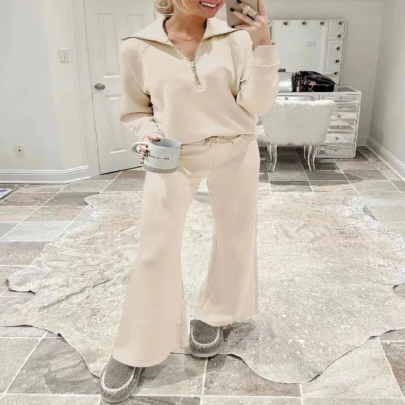 Leisure Sports Suit Long-sleeve Zipper Sweatshirt Wide Leg Pants Two-piece Set Chic Checkered Pants