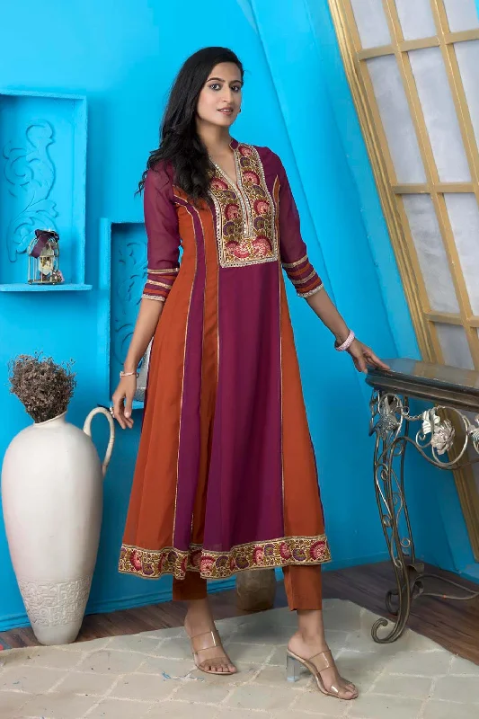 Magenta Embroidered Georgette Anarkali Kurta Pants Set Cozy Full-Length Pants