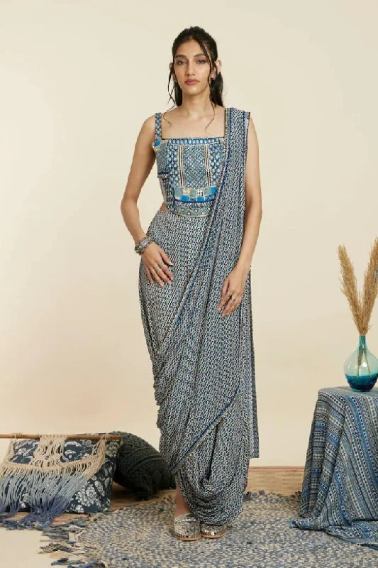 BLUE GEOMETRIC PRINT DRAPE SKIRT SET leather skirt bold