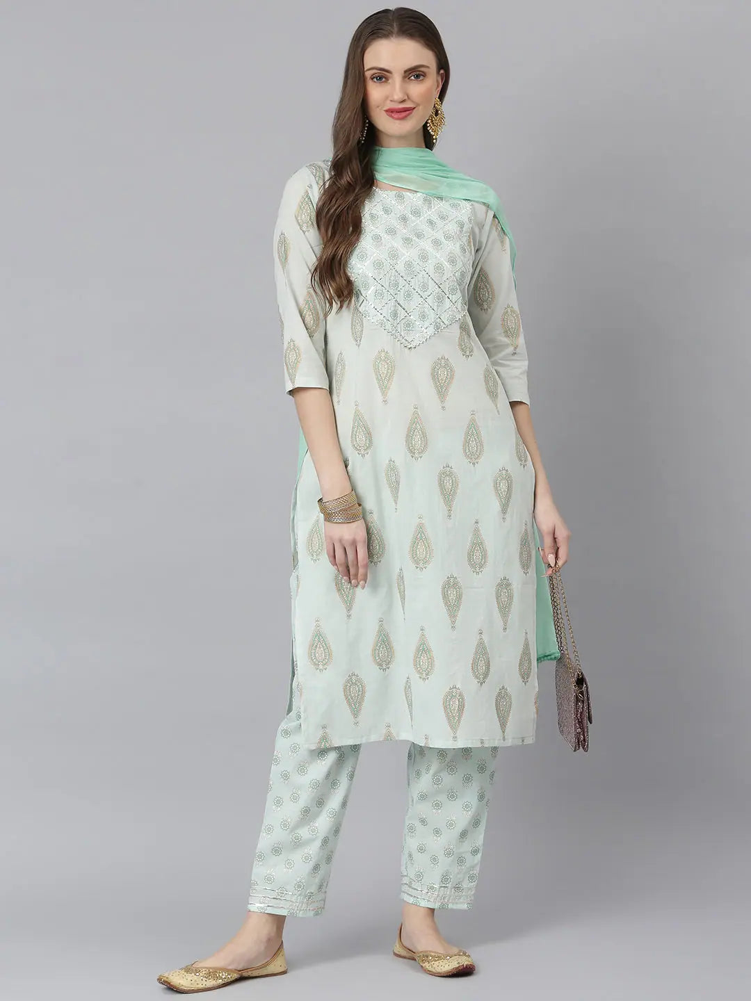 Women's Floral Print Rayon Straight Kurta Pant Dupatta Set-KPDMONTYGREEN-S Fashionable Track Pants