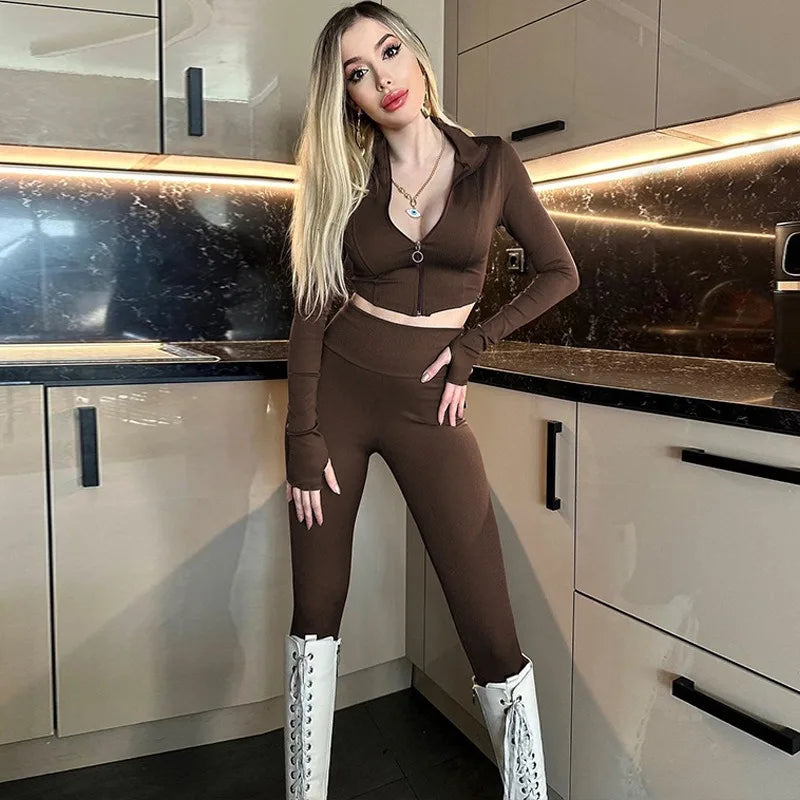 Advbridge -  Two Pieces Set Women Matching Sets Slim Zipper Long Sleeve Tops And Skinny Pencil Autumn Winter Streetwear Casual Pants Sets Stylish Casual Pants