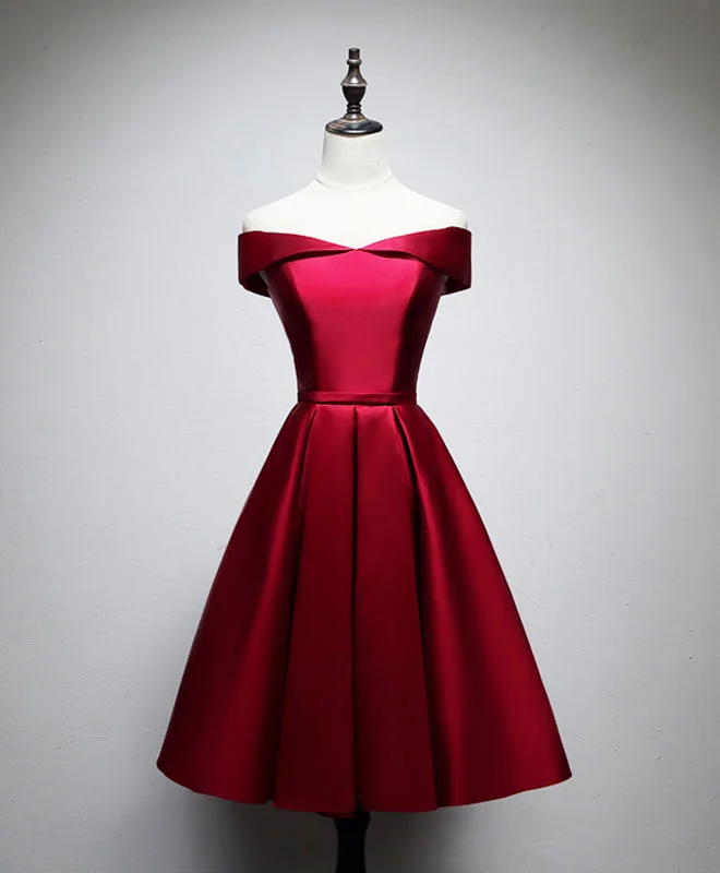 Simple Satin Burgundy Short Prom Dress, Burgundy Homecoming Dress Boat Neckline Classic Simple Satin Burgundy Short Prom Dress, Burgundy Homecoming Dress Boat Neckline Classic