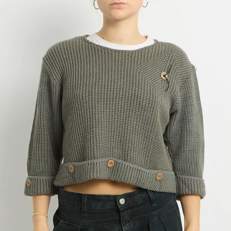 3/4 Sleeve Cropped Knit Sweatshirt - UK 12 Hoodie with Hem Contrast Bold Stylish