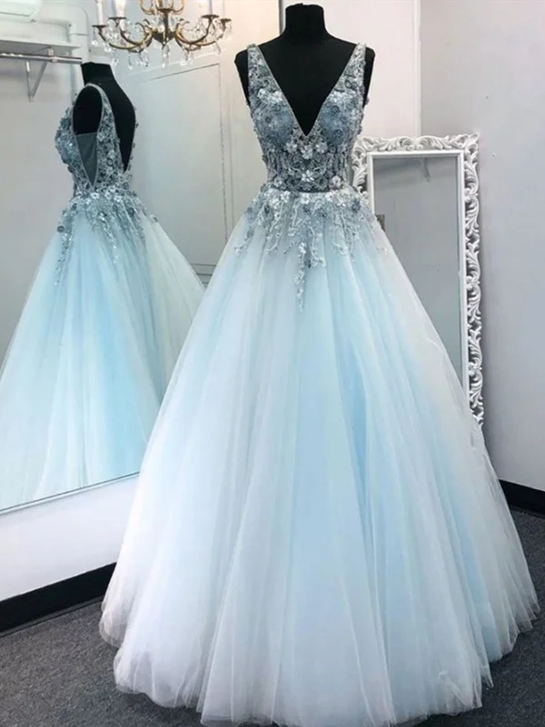 V Neck Blue Lace Floral Long Prom Dresses, Backless Long Blue Lace Formal Evening Dresses Tunics Modern contemporary