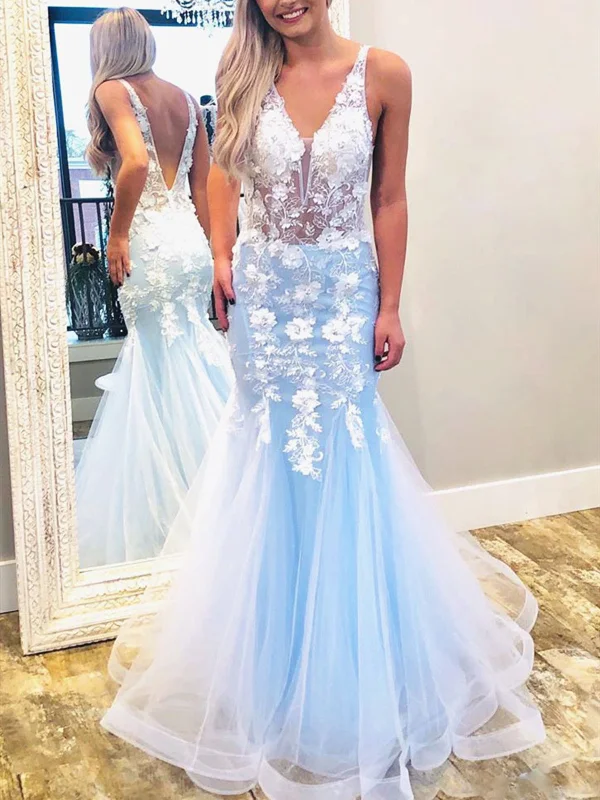 V Neck Blue Lace Mermaid Prom Dresses, Blue Lace Mermaid Formal Evening Dresses Tunics Versatile all-occasion V Neck Blue Lace Mermaid Prom Dresses, Blue Lace Mermaid Formal Evening Dresses Tunics Versatile all-occasion