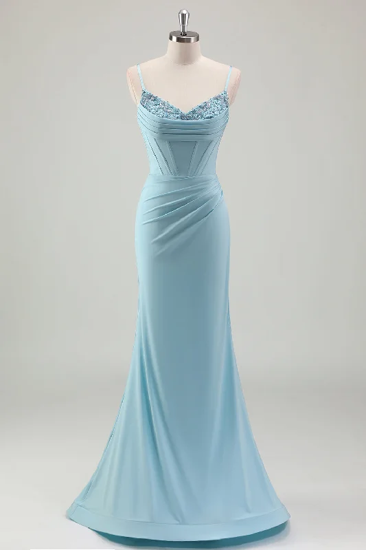 Blue Mermaid Spaghetti Straps Satin Long Corset Prom Dress with Beading Tunics Custom made Blue Mermaid Spaghetti Straps Satin Long Corset Prom Dress with Beading Tunics Custom made