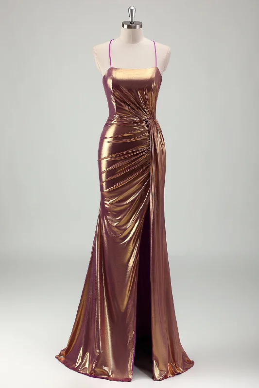 Metallic Gold Mermaid Spaghetti Straps Ruched Long Prom Dress with Slit Tunics Chinos classic Metallic Gold Mermaid Spaghetti Straps Ruched Long Prom Dress with Slit Tunics Chinos classic