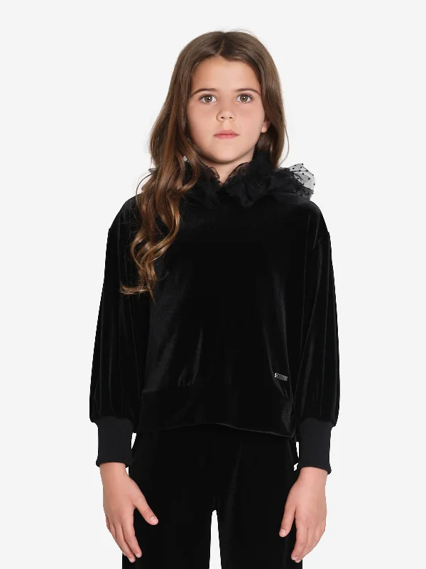 Monnalisa Girls Velvet Tulle Hoodie in Black Hoodie with Reflective Safety Nightwear