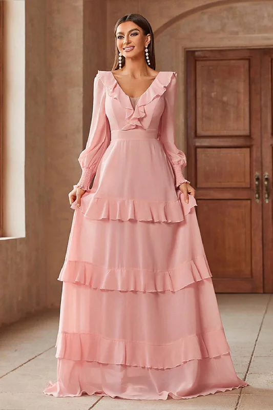 Pink Chiffon V-neck Long Sleeves A-Line Tiered Long Prom Dress Tunics Print Colorful Pink Chiffon V-neck Long Sleeves A-Line Tiered Long Prom Dress Tunics Print Colorful