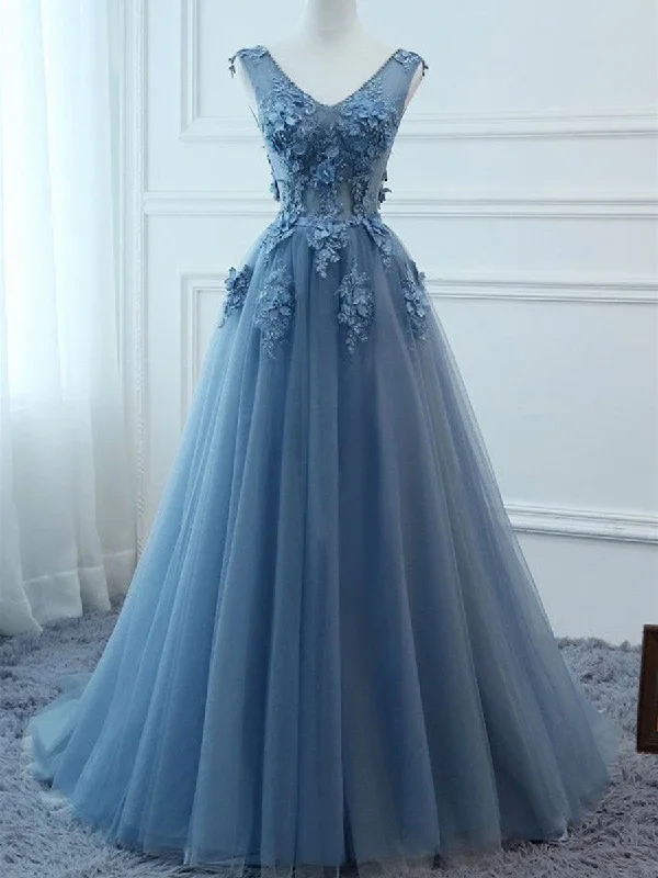 A Line V Neck Blue Lace Prom Dress, Tulle Lace Formal Dreses, Lace Evening Dresses,Blue Graduation Dresses Tunics Evening elegant
