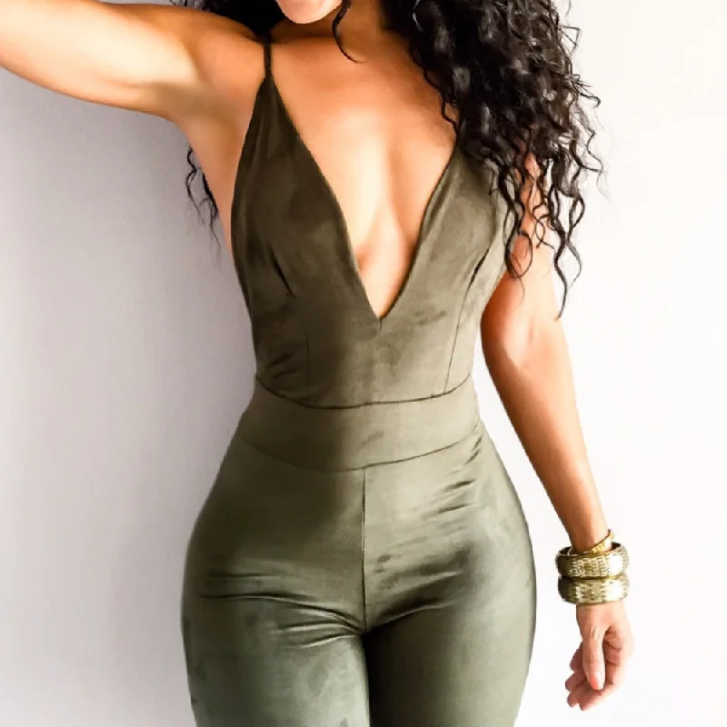 Deep V sexy backless pencil pants / feet pants nightclub Cashmere Suede Leather One Pieces Jumpsuit Women Rompers Comfortable Fleece Pants