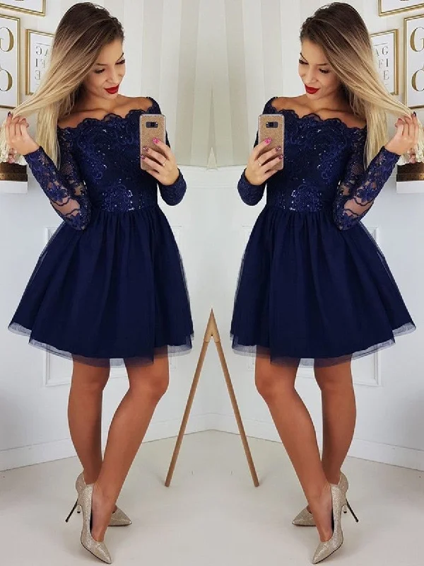 Custom Made A Line Long Sleeves Dark Navy Blue Lace Prom Dresses, Short Navy Blue Lace Homecoming/Graduation/Formal Dresses Tunics Bridal satin Custom Made A Line Long Sleeves Dark Navy Blue Lace Prom Dresses, Short Navy Blue Lace Homecoming/Graduation/Formal Dresses Tunics Bridal satin