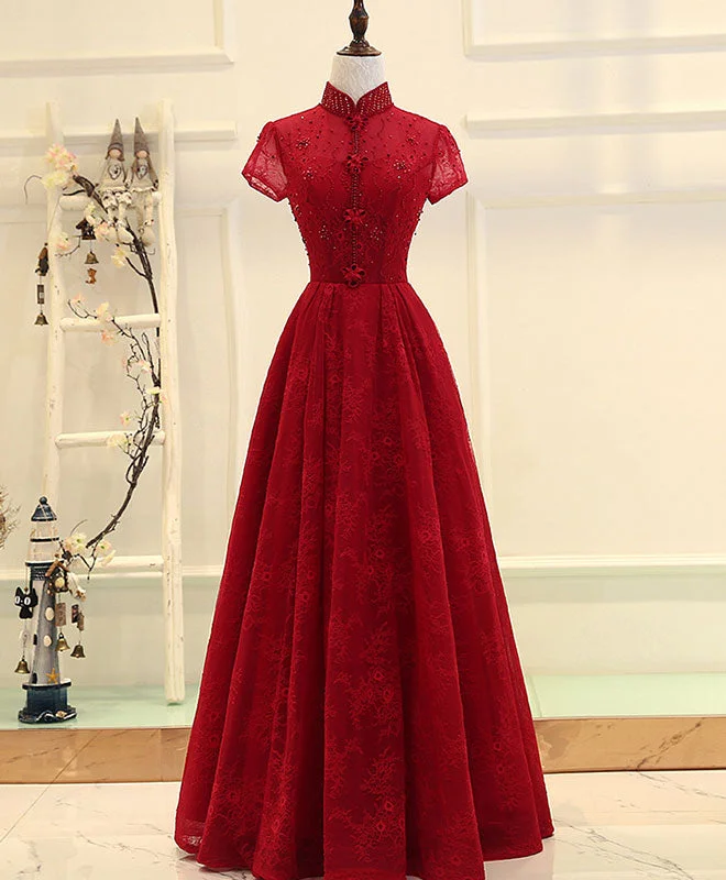 Burgundy High Low Lace Long Prom Dress, Burgundy Evening Dress Tunics Brand named