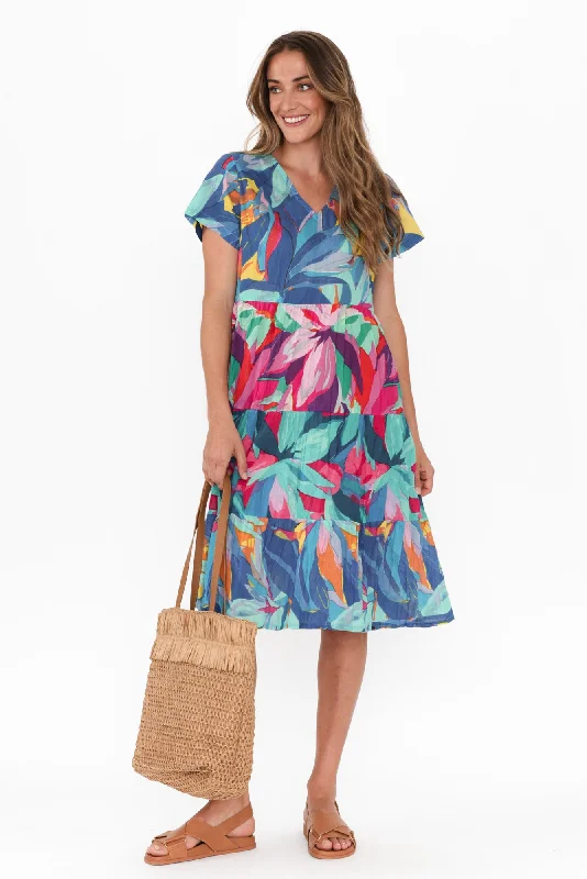 Lania Blue Floral Crinkle Cotton Dress Tunics Stylish elegant