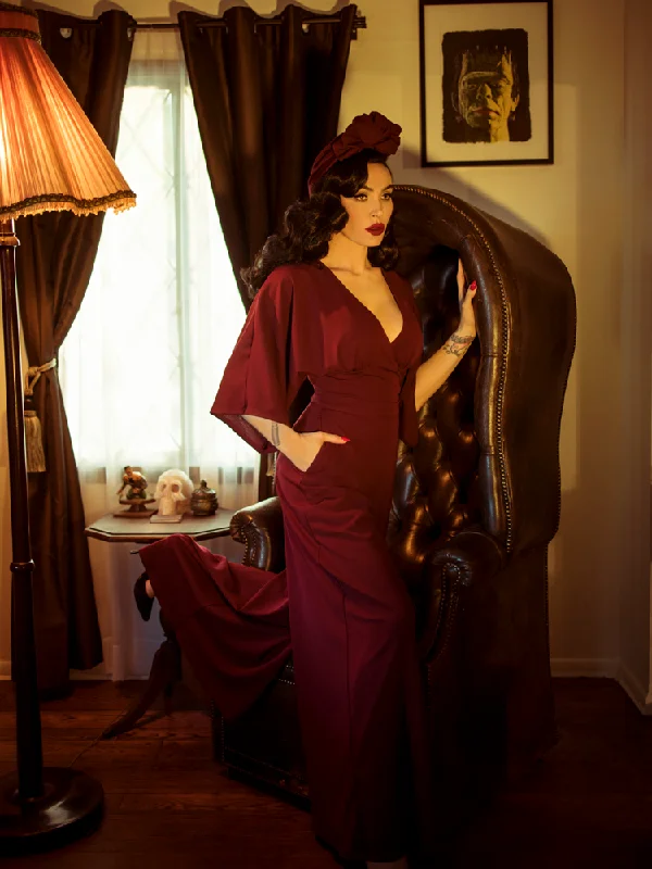 Black Widow Palazzo Pants in Oxblood Fashionable Button-Up Pants