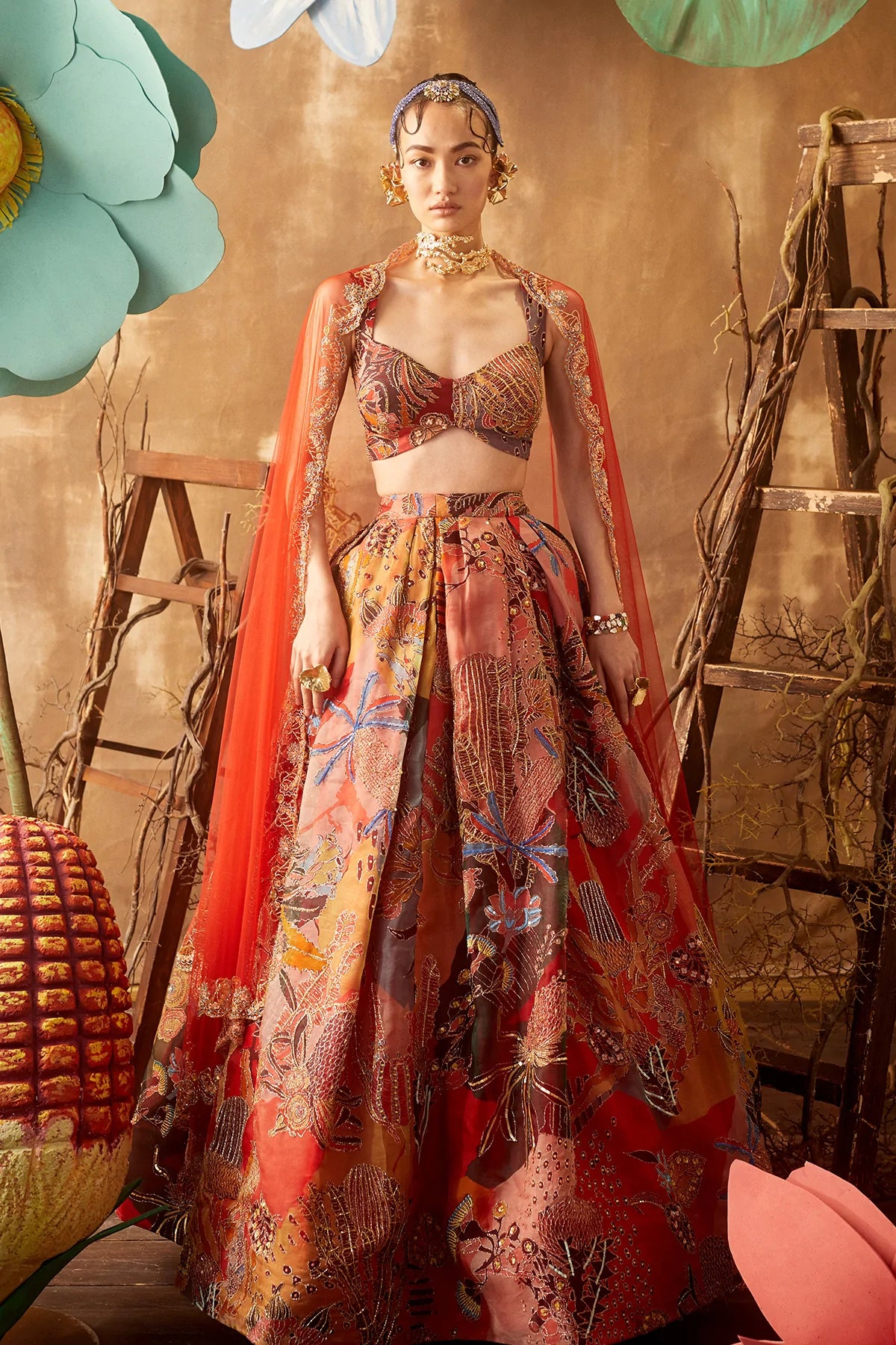 Fiery Red Pastiche Organza Printed And Embellished Top And Skirt With Dupatta lace skirt intricate