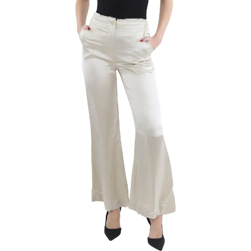 Womens High Rise Satin Wide Leg Pants Relaxed High-Waist Trousers