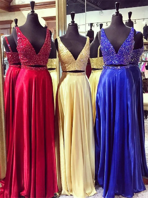 A Line V Neck 2 Pieces Red/Yellow/Blue Prom Dress, 2 Pieces Formal Dress, Evening Dress Tunics Luxurious premium A Line V Neck 2 Pieces Red/Yellow/Blue Prom Dress, 2 Pieces Formal Dress, Evening Dress Tunics Luxurious premium