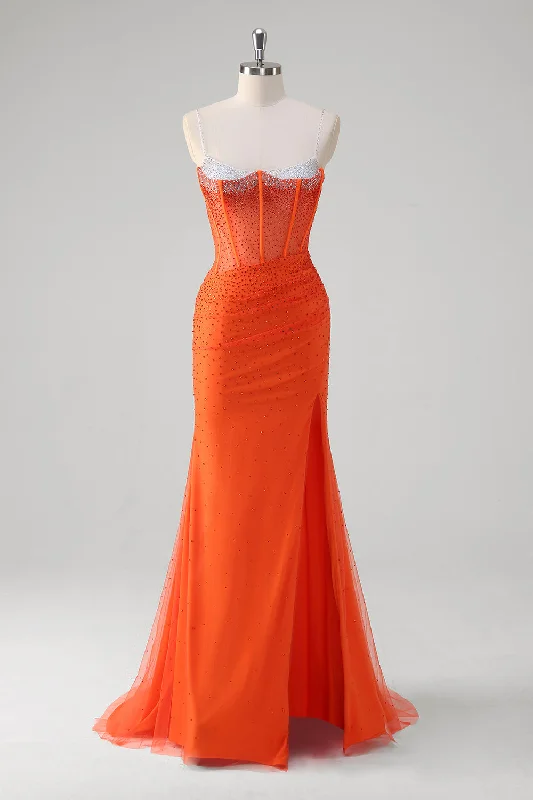 Orange Spaghetti Straps Beaded Corset Mermaid Prom Dress Tunics Fall fleece