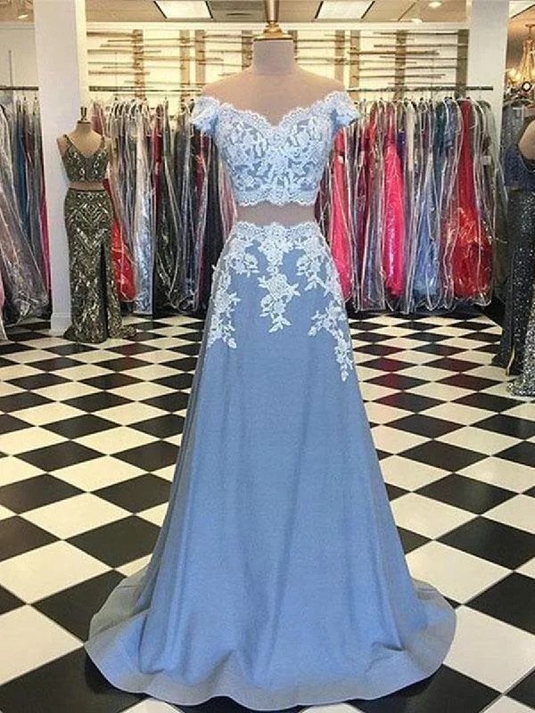 2 Pieces Off Shoulder Blue Lace Prom Dresses, Blue Lace Formal Dresses, 2 Pieces Lace Graduation Dresses Tunics Prom sequined 2 Pieces Off Shoulder Blue Lace Prom Dresses, Blue Lace Formal Dresses, 2 Pieces Lace Graduation Dresses Tunics Prom sequined