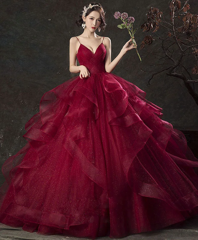 Burgundy V Neck Tulle Long Prom Dress, Burgundy Sweetheart 16 Dress Casual Short Summer Burgundy V Neck Tulle Long Prom Dress, Burgundy Sweetheart 16 Dress Casual Short Summer