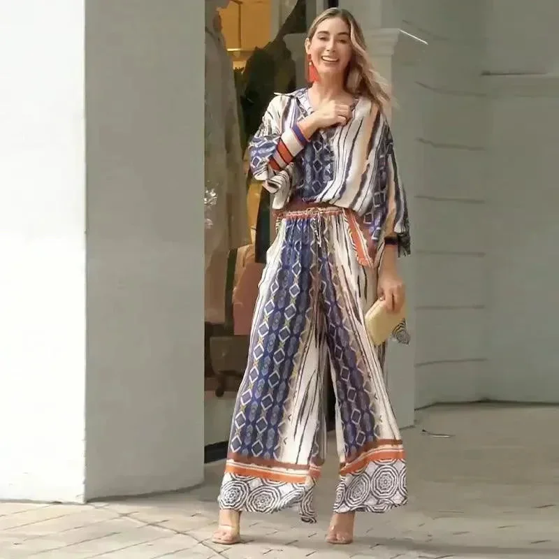 Women's Fashion Loose Printed Top Two-piece Pants Classic Straight Pants