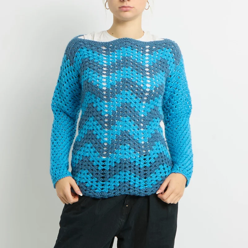 Scoop Neck Crochet Knit Sweatshirt - UK 8 Oversized Hoodie Comfort Casual