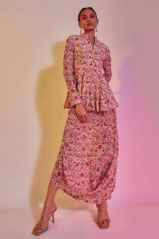 IVORY SAANJH FLORAL PRINT PEPLUM TOP WITH DRAPE SKIRT ruffled skirt detail