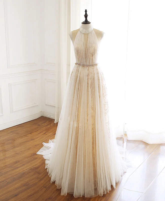 Champagne Tulle Lace Long Prom Dress, Champagne Evening Dress Tunics Trendy modern