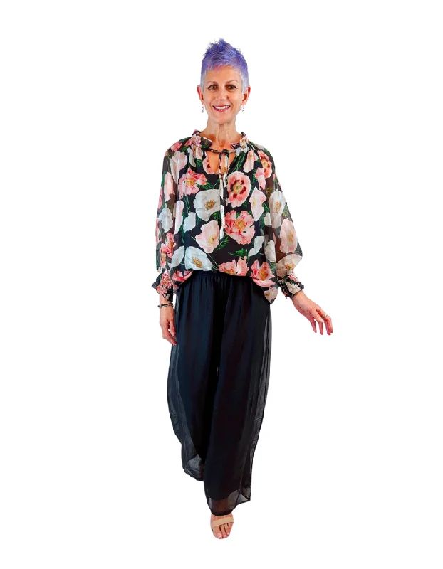 La Strada Silk Pants Black Elegant Wool Trousers