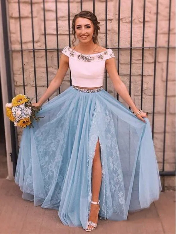 Custom Made Round Neck 2 Pieces Sky Blue Lace Prom Dresses, Sky Blue Lace Formal Dresses, 2 Pieces Graduation Dresses Tunics Travel practical Custom Made Round Neck 2 Pieces Sky Blue Lace Prom Dresses, Sky Blue Lace Formal Dresses, 2 Pieces Graduation Dresses Tunics Travel practical