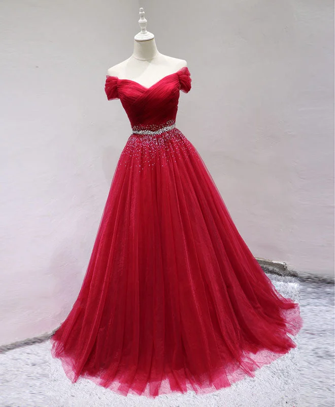 Burgundy Off Shoulder Tulle Long Prom Dress, Burgundy Formal Dress Tunics Seasonal trendy Burgundy Off Shoulder Tulle Long Prom Dress, Burgundy Formal Dress Tunics Seasonal trendy