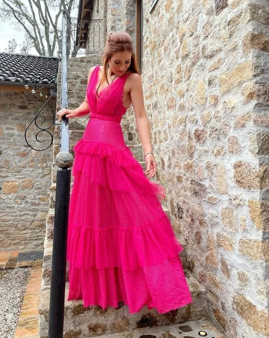 Hot Pink A-Line V Neck Backless Long Party Dress Evening Dress,DP1810 Off-the-shoulder Chic Trendy