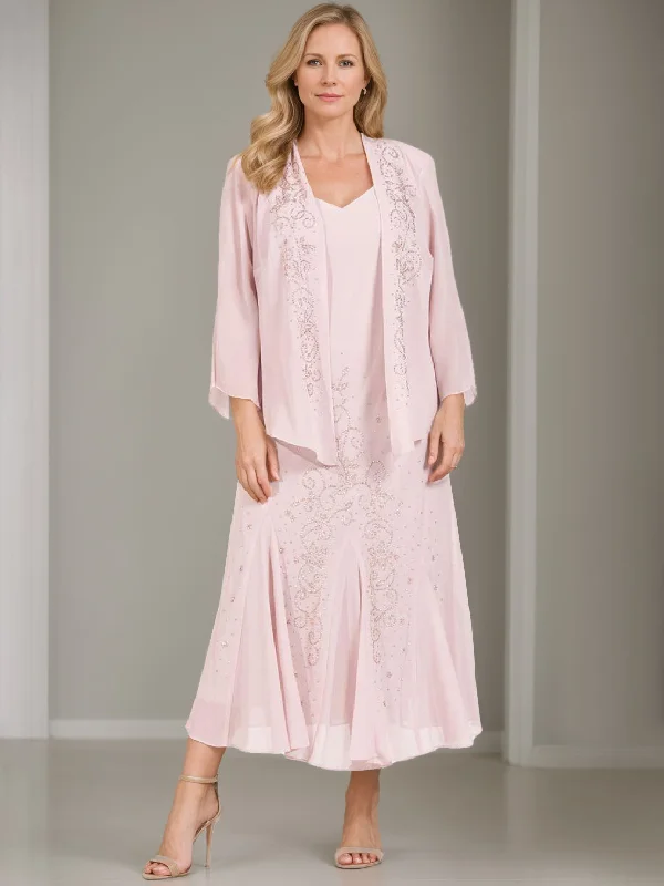 A-Line/Princess 2 Pieces V-Neck Tea-Length Plus Size Mother of the Bride Dresses with Jacket & Sequins Notch Collar Jacket Peter Pan Collar Jacket Cowl Neck Jacket