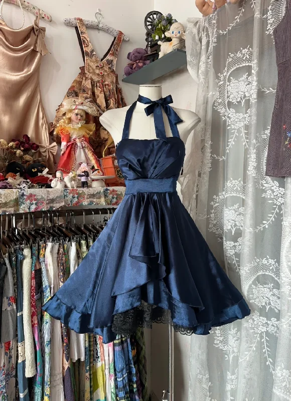 Navy Blue Halter A-Line Satin Vintage Short Party Dress Homecoming Dress, D341 Tunics Silk luxurious
