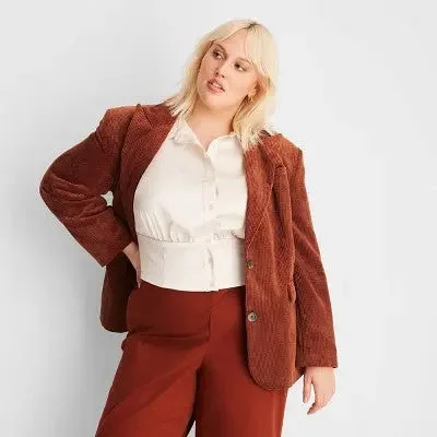 Future Collective With Reese Women's Plus Button Up Corduroy Blazer Jacket Toggled Jacket Drawstring Jacket Belted Jacket