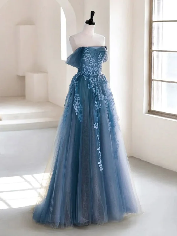 Blue Off Shoulder A-Line Tulle Appliques Long Formal Party Dress, DP3614 Tunics Running lightweight