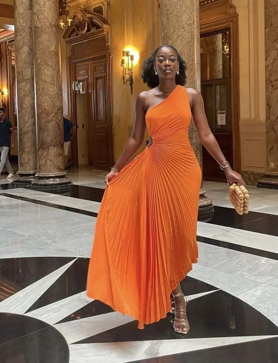 Orange One Shoulder Pleated A-Line Long Party Dress, DP2928 Tunics Velvet soft