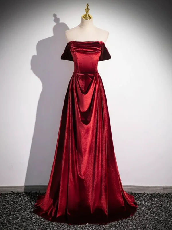 Burgundy Velvet Elegant A-Line Off Shoulder Formal Party Dress, DP2473 Tunics Cozy comfortable