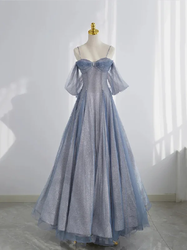 Blue Tulle A-Line Straps Off Shoulder Formal Evening Party Dress, DP2480 Tunics Timeless classic