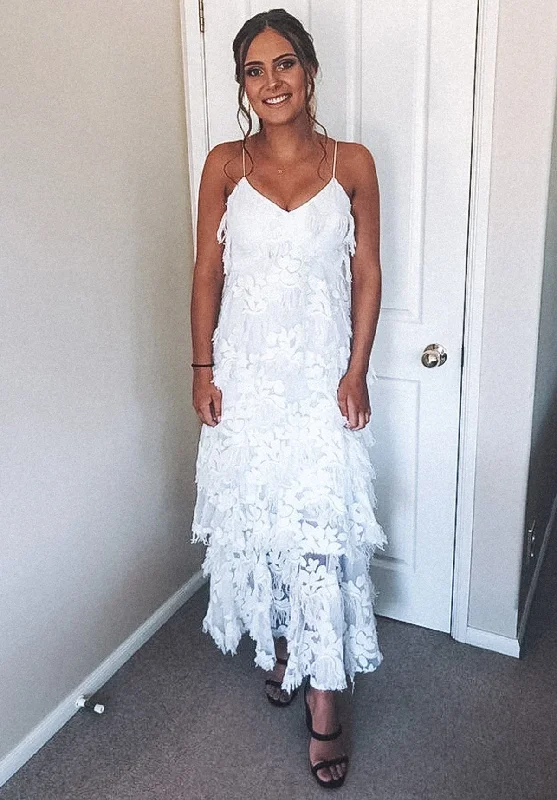 White V Neck Spaghetti Straps A-Line Lace Tiered Elegant Party Dress, DP2410 Boatneck Modish Everyday